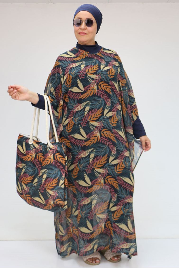 1719 Büyük Beden Pareo - Yaprak Desen Hardal