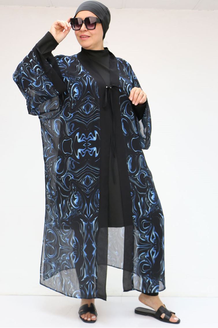 1735 Büyük Beden Garni Detaylı Pareo - Aqua Mavi