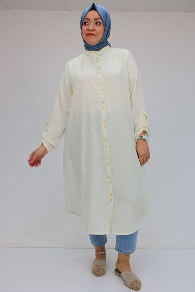 F-58088 Büyük Beden Çift Düğmeli Hakim Yaka Keten Gömlek - Ekru