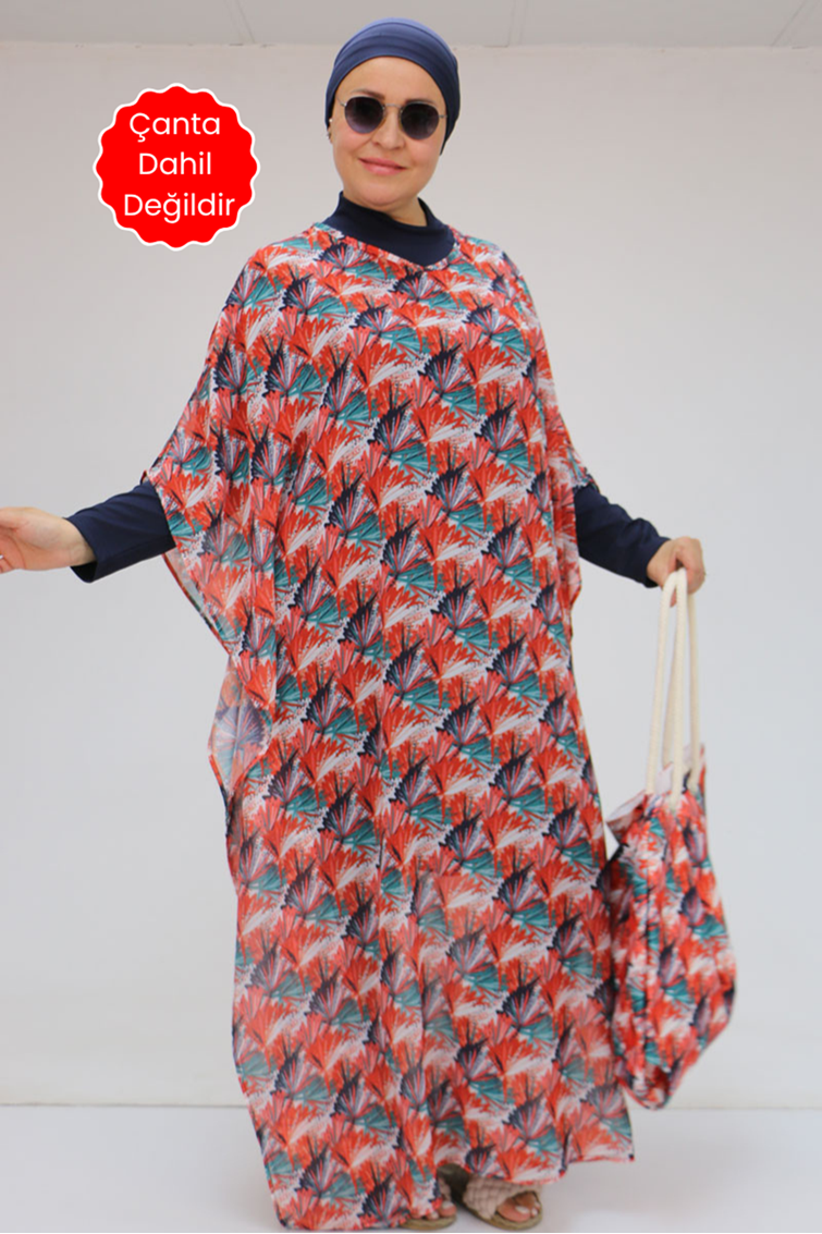 1719 Büyük Beden Pareo - Yaprak Desen Oranj