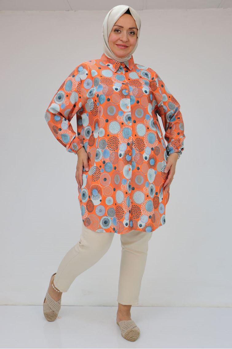 58052 Büyük Beden Erkek Yakalı Jesica Gömlek Tunik - Daire Desen Oranj