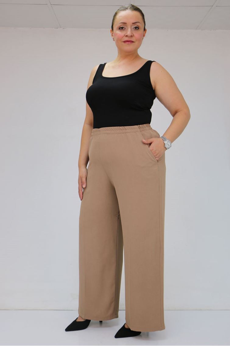 59014 Büyük Beden Beli Lastikli Bolpaça Pantolon - Vizon