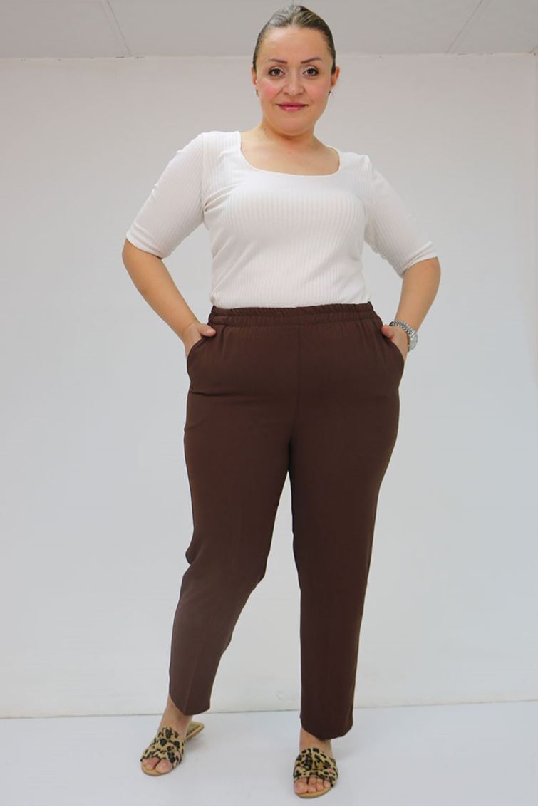 59015 Büyük Beden Borupaça Krep Pantolon - Kahve