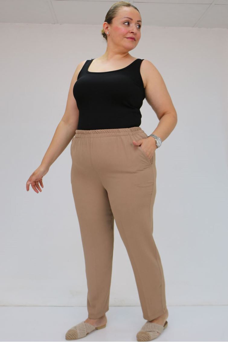 59015 Büyük Beden Borupaça Krep Pantolon - Vizon