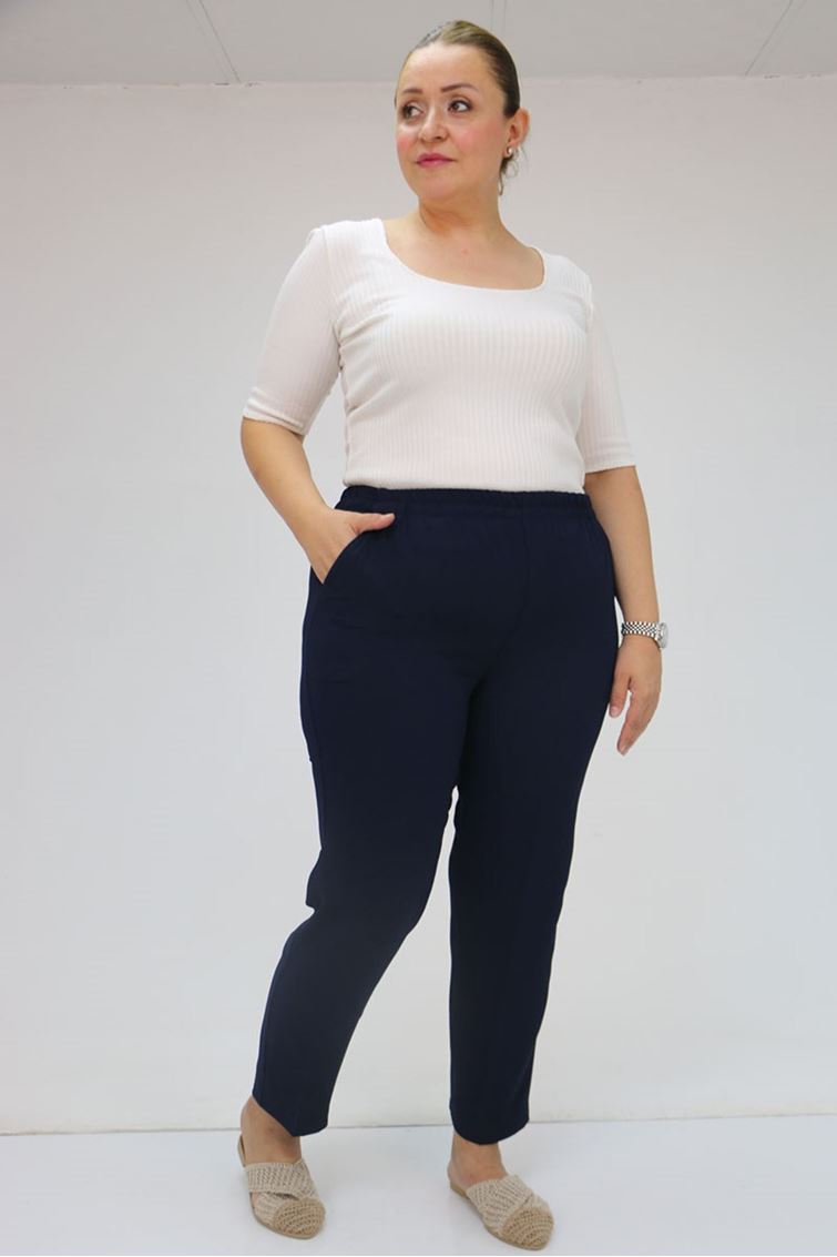 59015 Büyük Beden Borupaça Krep Pantolon - Lacivert