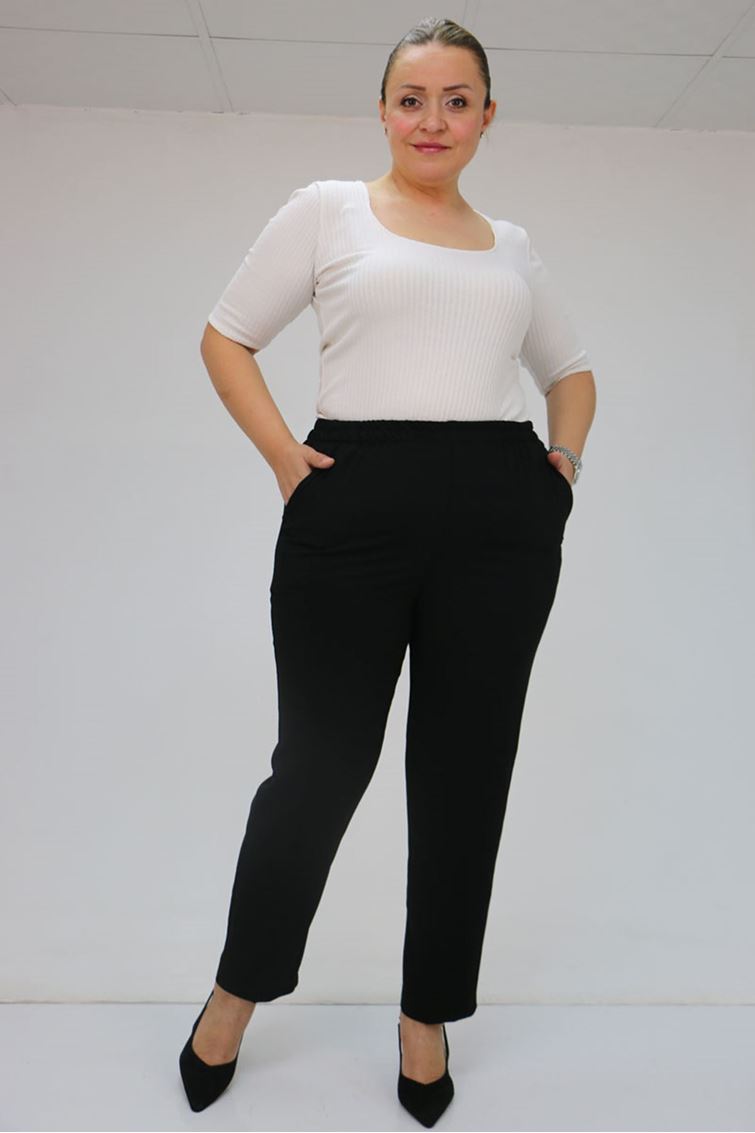 59015 Büyük Beden Borupaça Krep Pantolon - Siyah