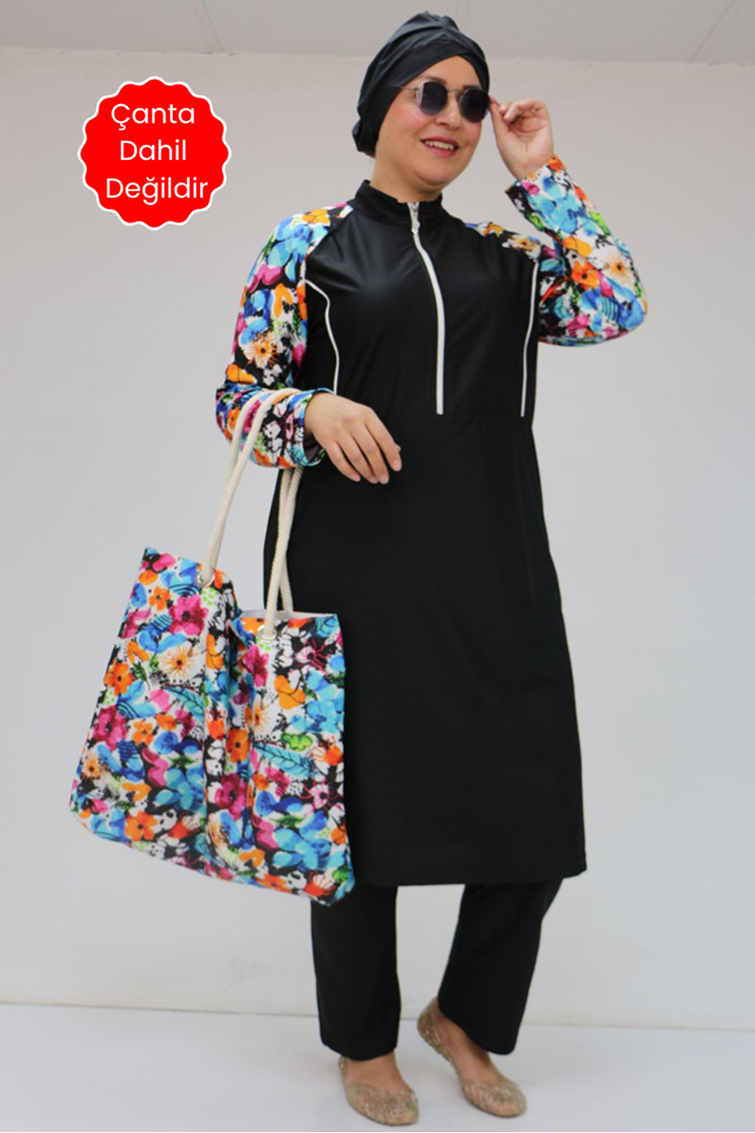 1733 Büyük Beden Fermuarlı Tesettür Mayo - Karışık Desen Mavi