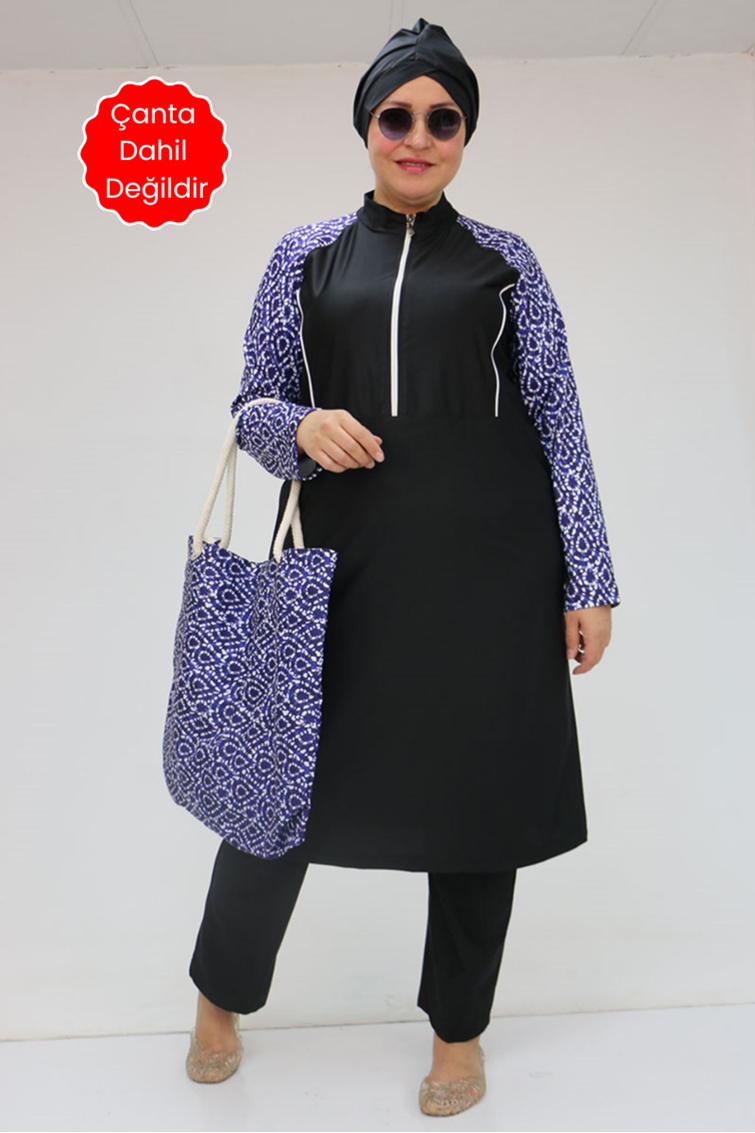 1733 Büyük Beden Fermuarlı Tesettür Mayo - Damla Desen Saks