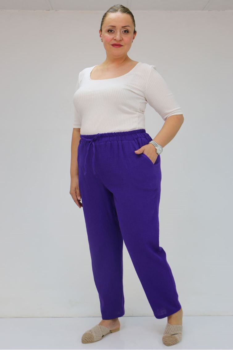 59020 Büyük Beden Beli Lastikli Müslin Dar Paça Pantolon - Mor
