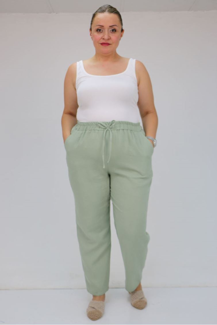 59020 Büyük Beden Beli Lastikli Müslin Dar Paça Pantolon - Nefti