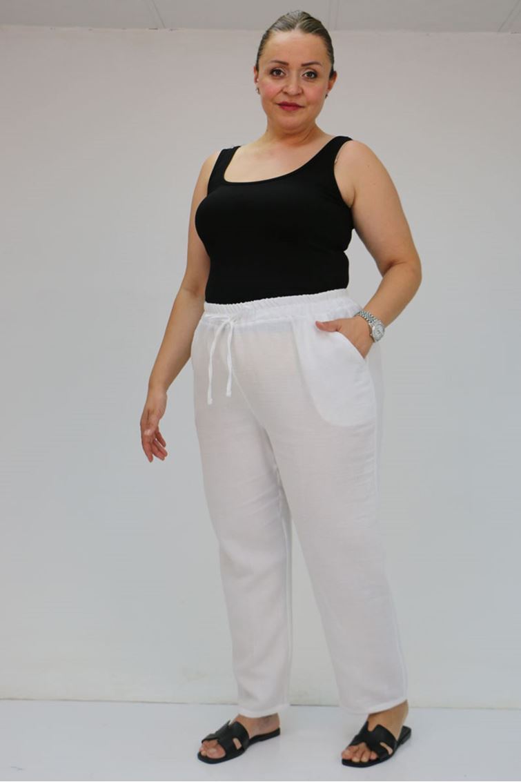 59020 Büyük Beden Beli Lastikli Müslin Dar Paça Pantolon - Beyaz