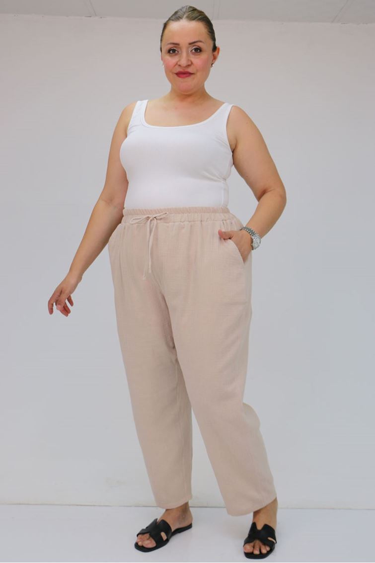 59020 Büyük Beden Beli Lastikli Müslin Dar Paça Pantolon - Bej