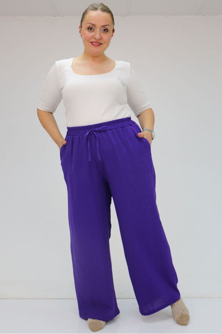 59021 Büyük Beden Beli Lastikli Müslin Bol Paça Pantolon - Mor