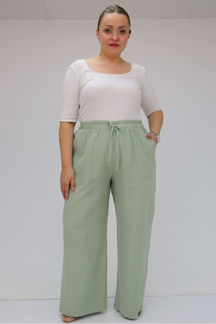 59021 Büyük Beden Beli Lastikli Müslin Bol Paça Pantolon - Nefti