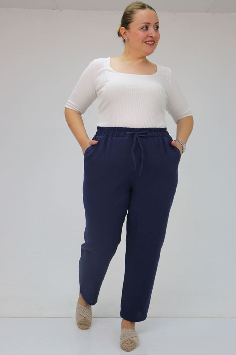 59020 Büyük Beden Beli Lastikli Müslin Dar Paça Pantolon - Lacivert