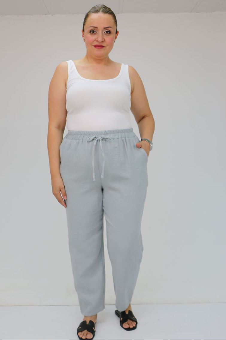 59020 Büyük Beden Beli Lastikli Müslin Dar Paça Pantolon - Gri