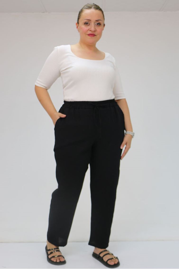 59020 Büyük Beden Beli Lastikli Müslin Dar Paça Pantolon - Siyah
