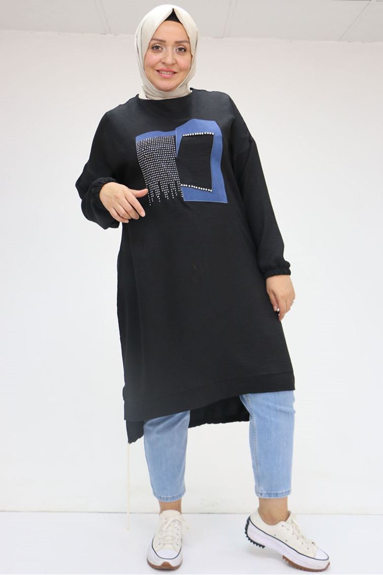 58011-E Büyük Beden Etek Ucu Bağlamalı Önü Taş Detaylı Keten Tunik - Siyah