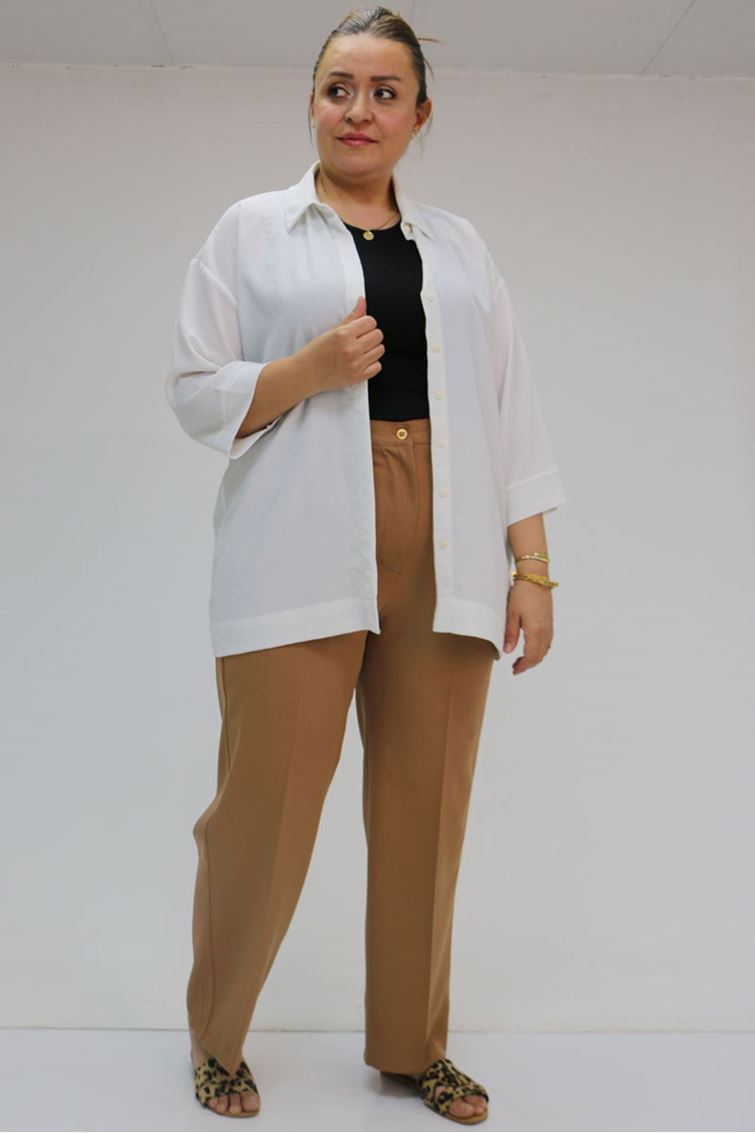 59010-E Büyük Beden Beli Düğmeli Double Pantolon - Taba