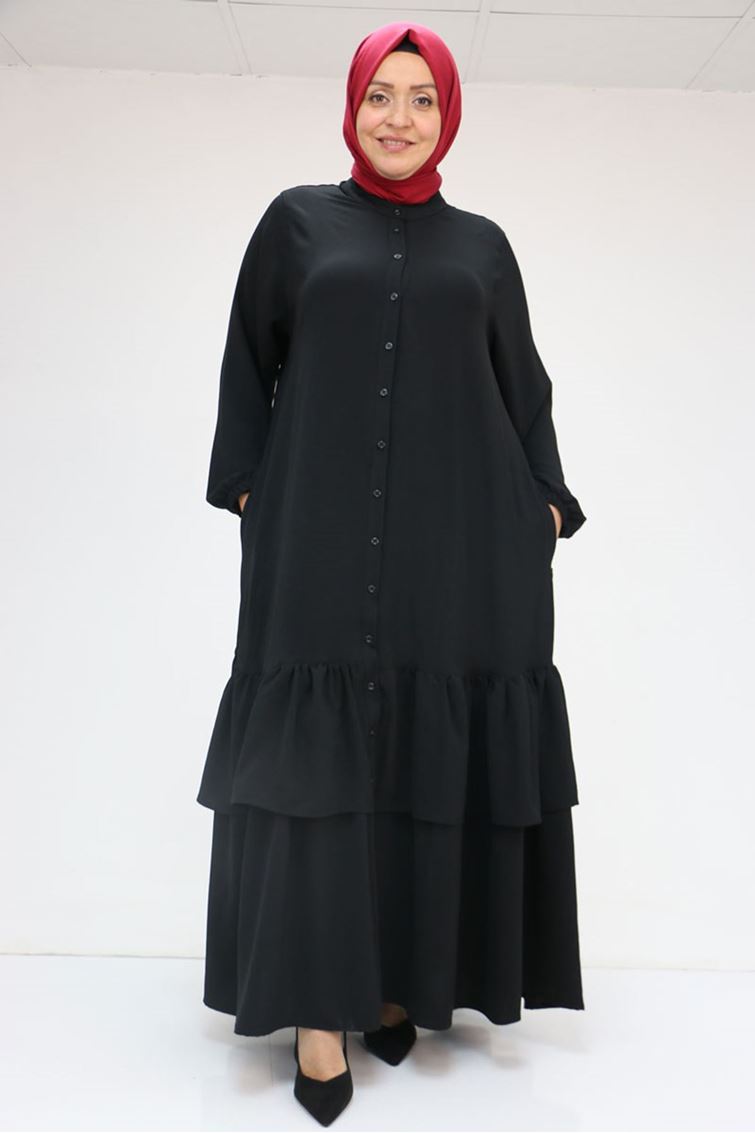 56004 Büyük Beden Eteği Fırfırlı Kolları Lastikli Airobin Ferace - Siyah - kopya