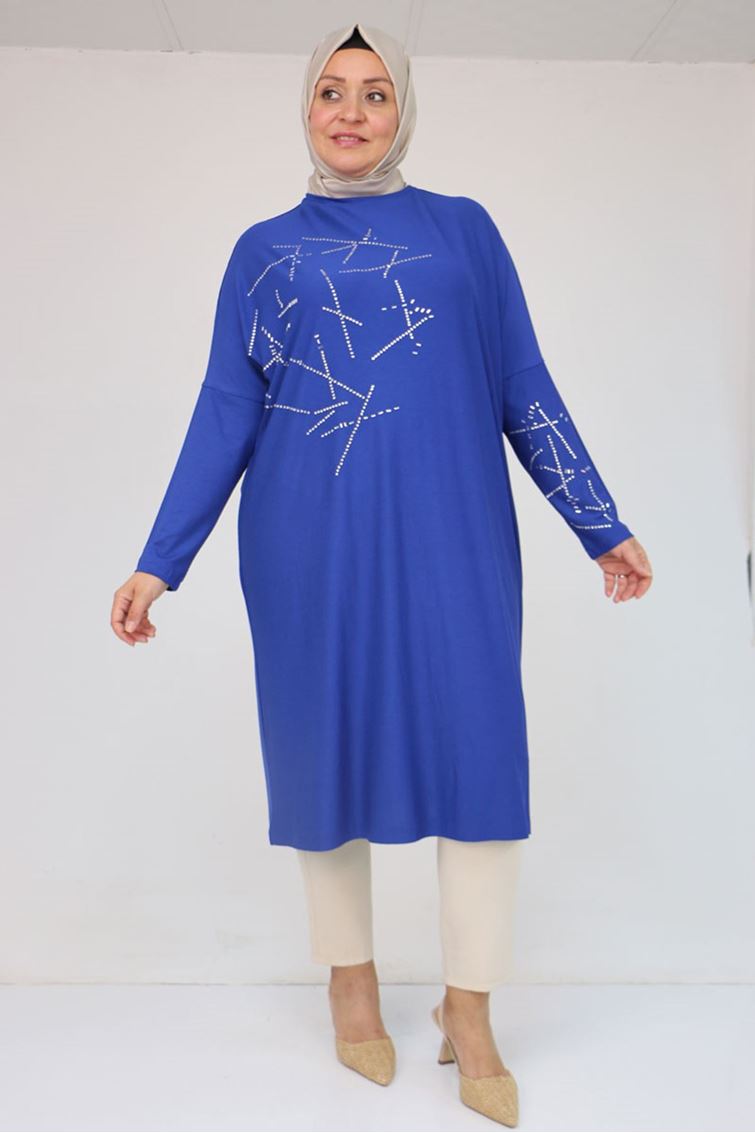 58080 Büyük Beden Düşük Kol Taş Detaylı Penye Tunik - İndigo