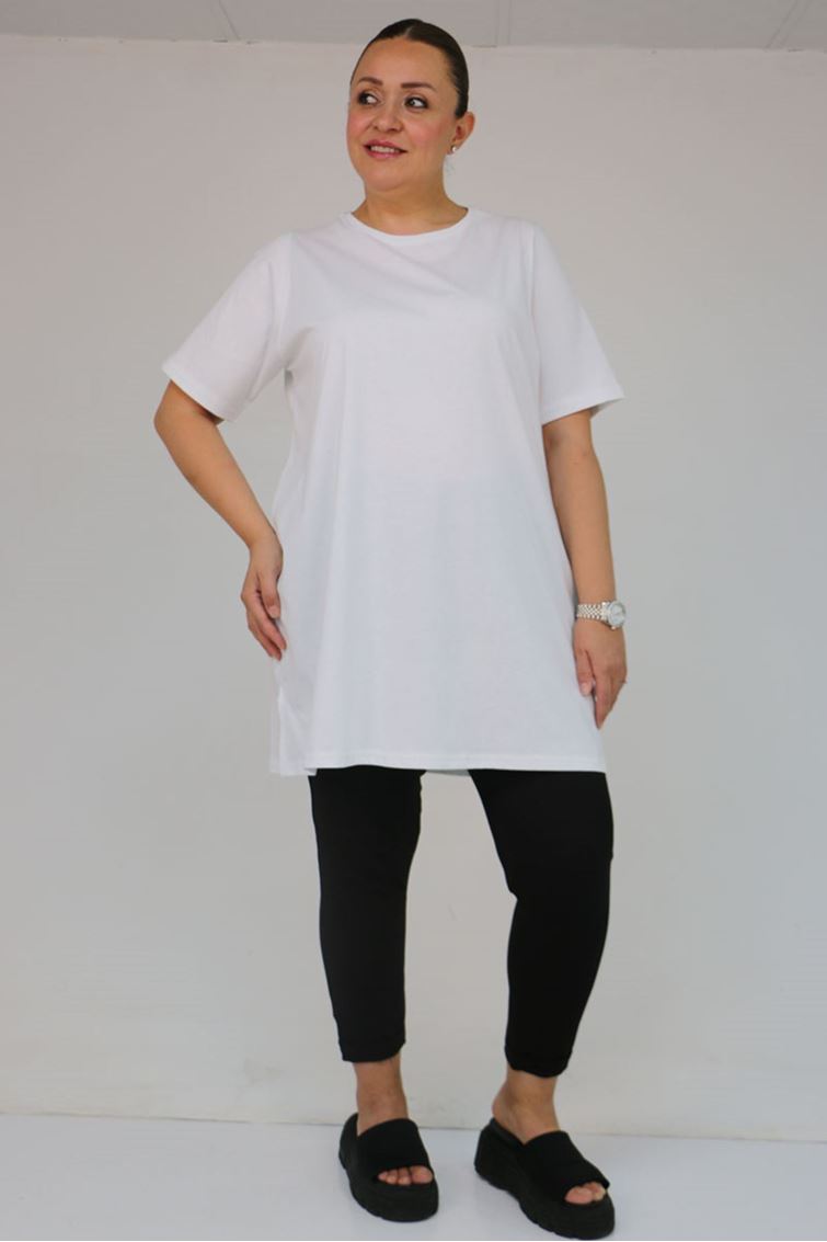 58505 Büyük Beden Yakası Ribanalı Suprem Tişört - Beyaz