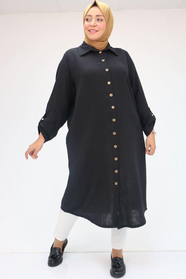 48058 Büyük Beden  Düğmeli Müslin Gömlek - Siyah