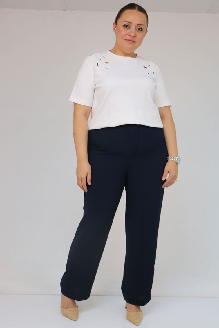 59016 Büyük Beden Beli Düğmeli Krep Pantolon - Lacivert