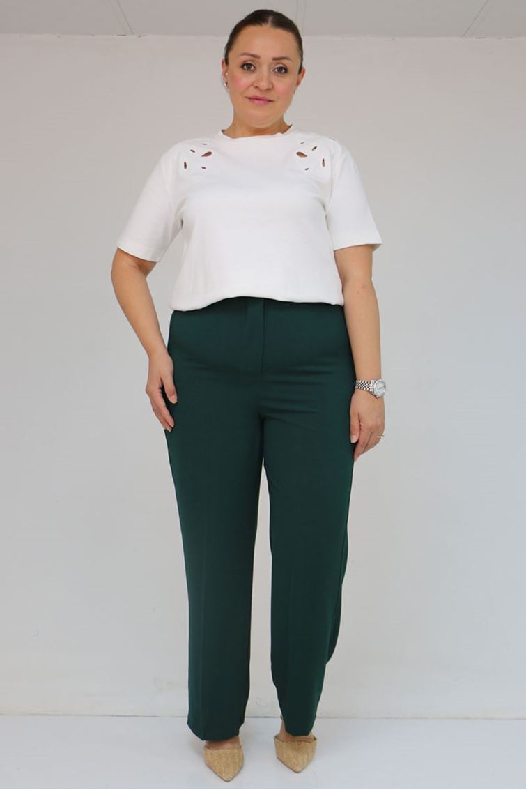 59016 Büyük Beden Beli Düğmeli Krep Pantolon - Zümrüt