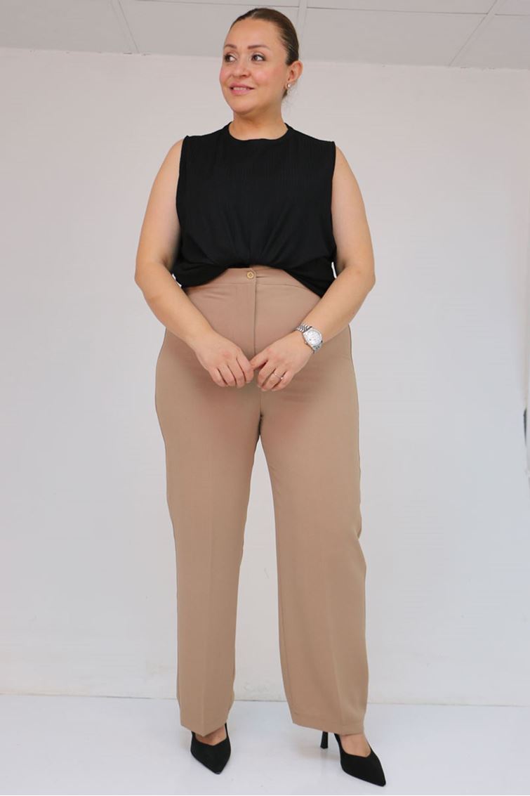 59016 Büyük Beden Beli Düğmeli Krep Pantolon - Vizon