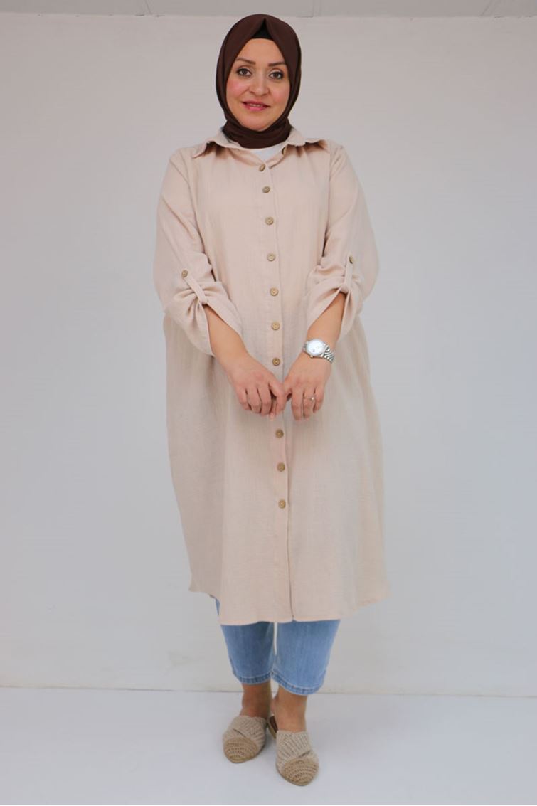 48058 Büyük Beden Düğmeli Müslin Gömlek - Bej