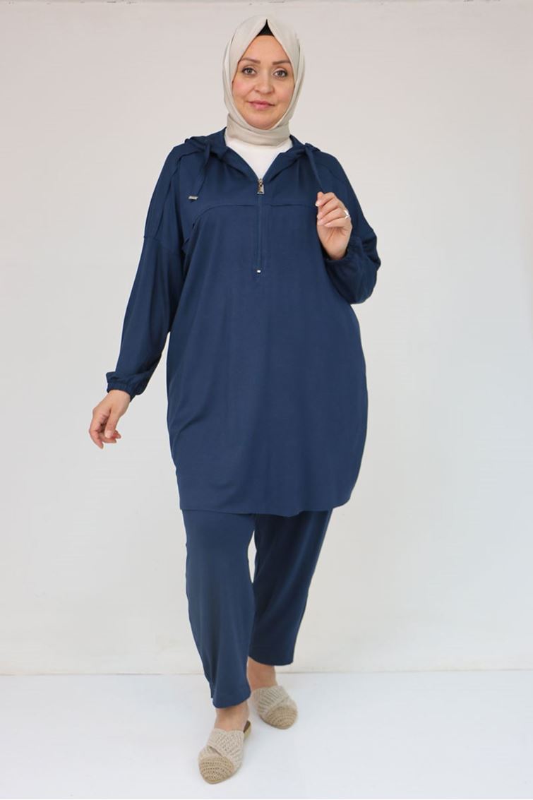 57021 Büyük Beden Düşük Kol Kapüşonlu Penye Pantolonlu Takım - Lacivert