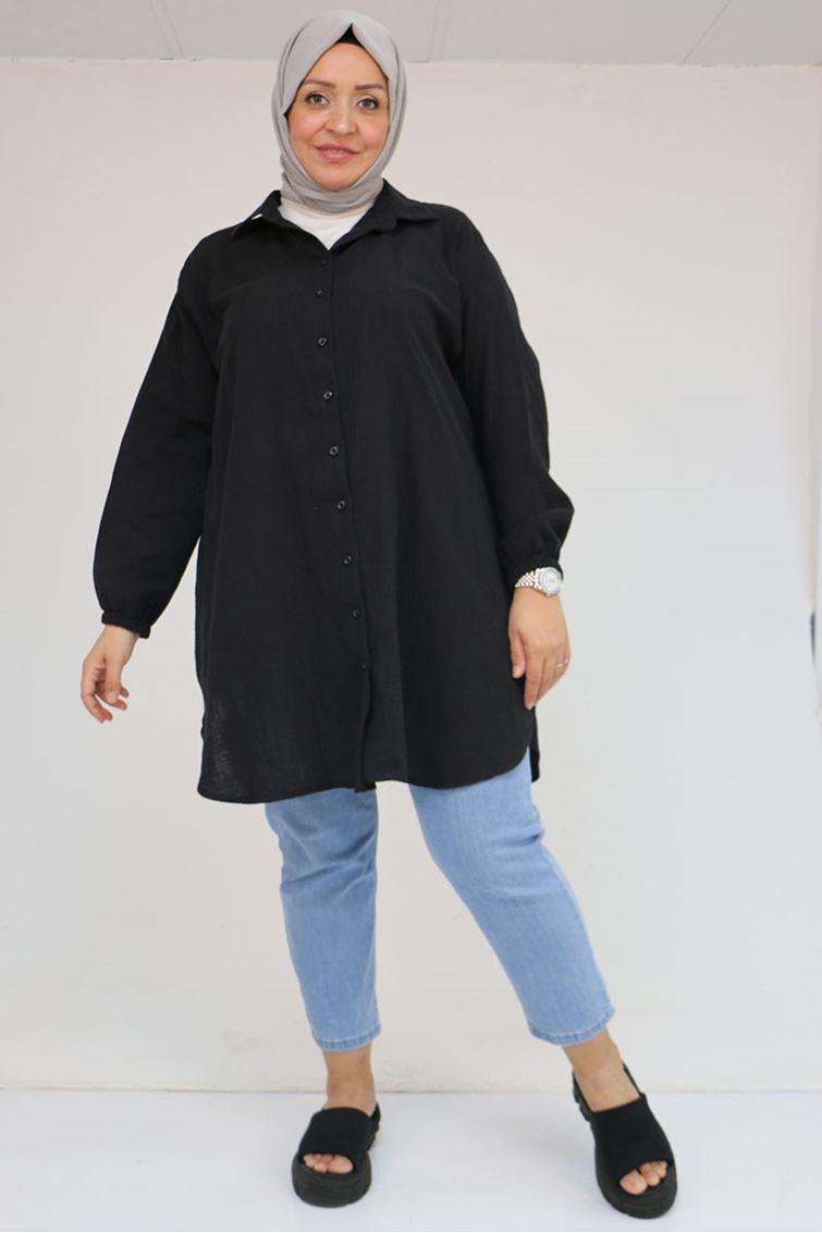 58091 Büyük Beden Kolları Lastikli Müslin Gömlek - Siyah