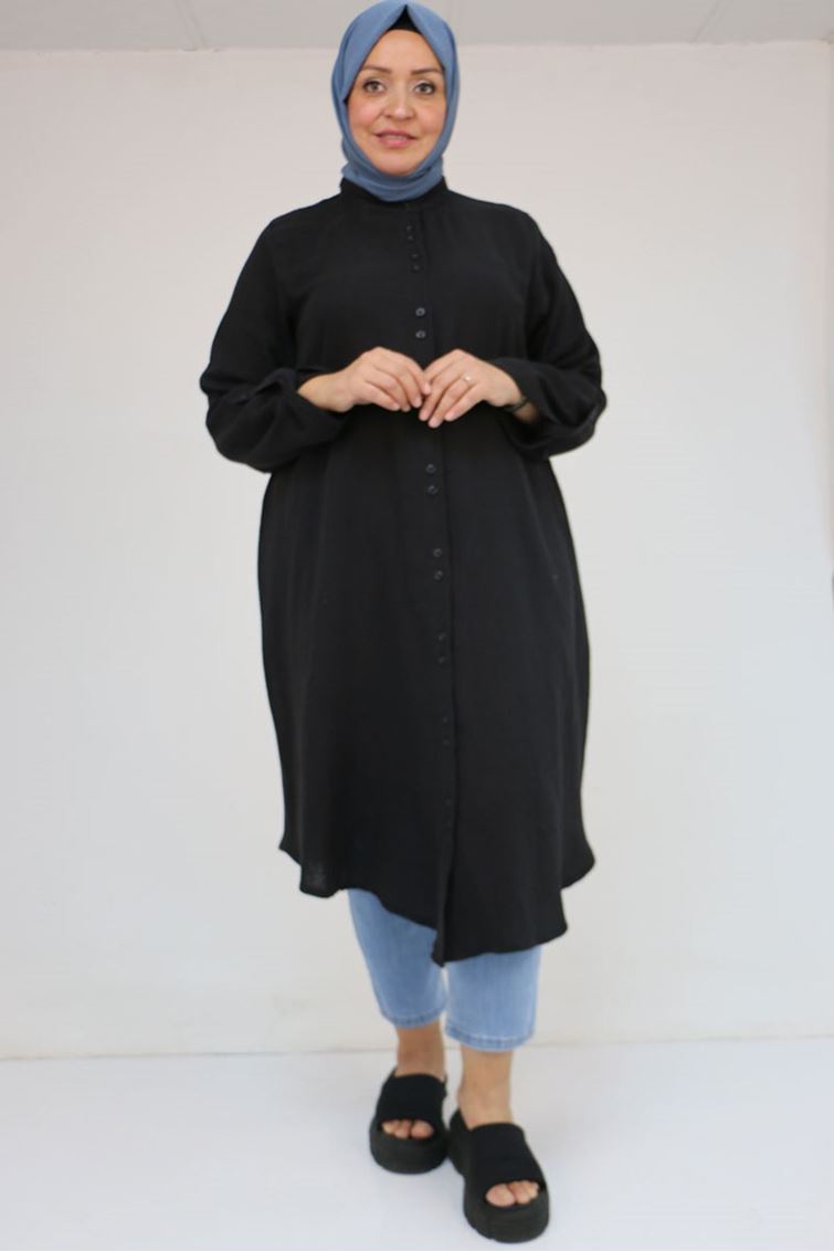 58092 Büyük Beden Çift Düğme Detaylı Müslin Gömlek - Siyah