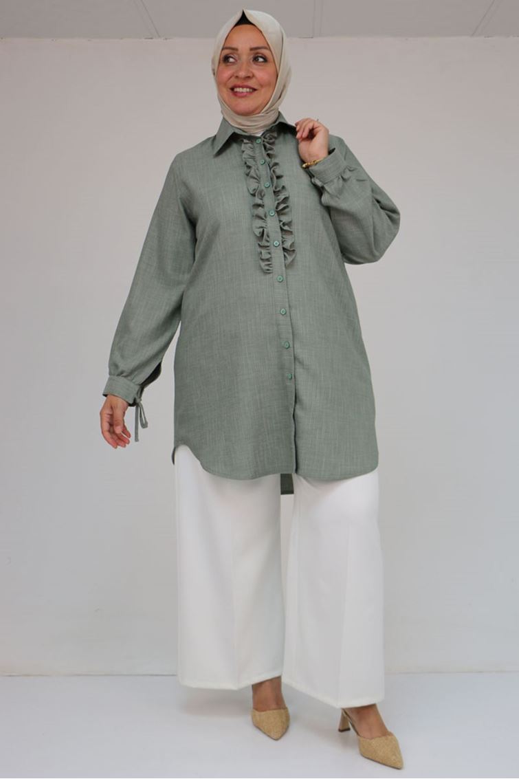 58075 Büyük Beden Önü Fırfır Detaylı Erkek Yaka Gömlek - Nefti Kırçıllı