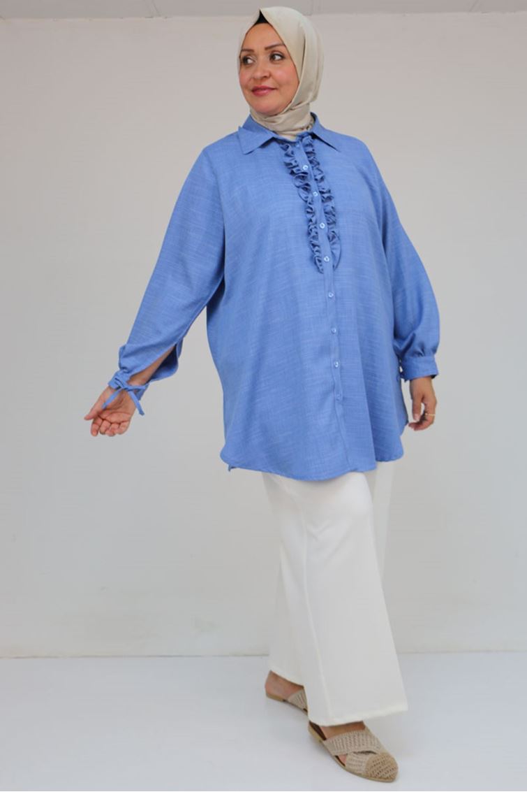 58075 Büyük Beden Önü Fırfır Detaylı Erkek Yaka Gömlek - İndigo Kırçıllı