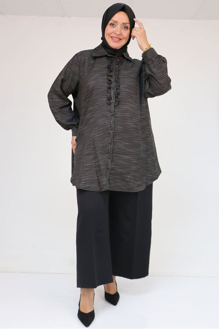 58075 Büyük Beden Önü Fırfır Detaylı Erkek Yaka Gömlek - Siyah Kırçıllı