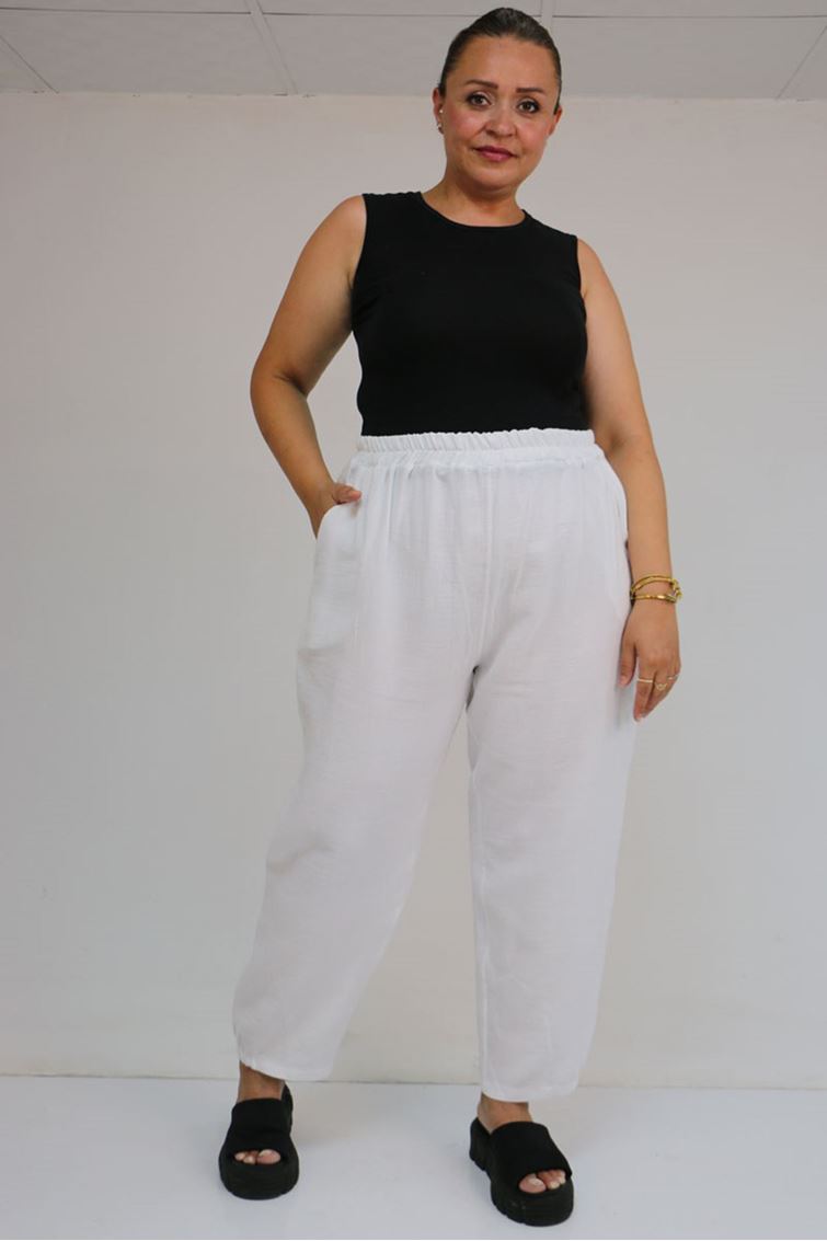 59022 Büyük Beden Paçası Yarım Lastikli Müslin Pantolon - Beyaz