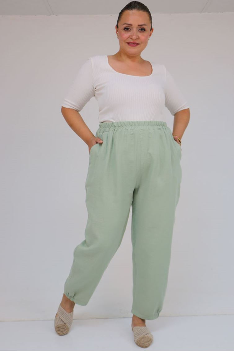 59022 Büyük Beden Paçası Yarım Lastikli Müslin Pantolon - Nefti