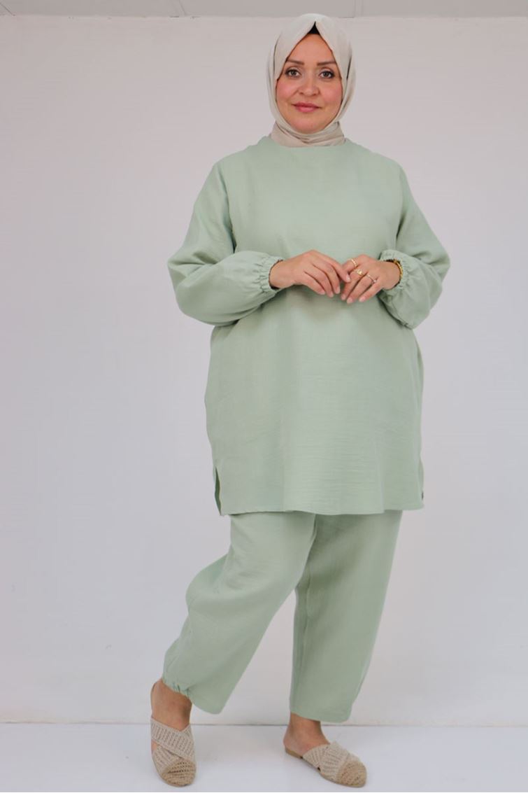 57048 Büyük Beden Kolları Lastikli Müslin Pantolonlu Takım - Nefti