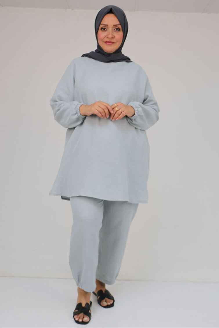 57048 Büyük Beden Kolları Lastikli Müslin Pantolonlu Takım - Gri