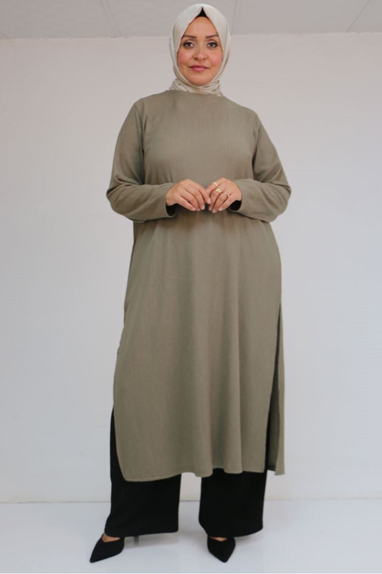 57051 Büyük Beden Kombinli  Bürümcük Pantolonlu Takım - Vizon