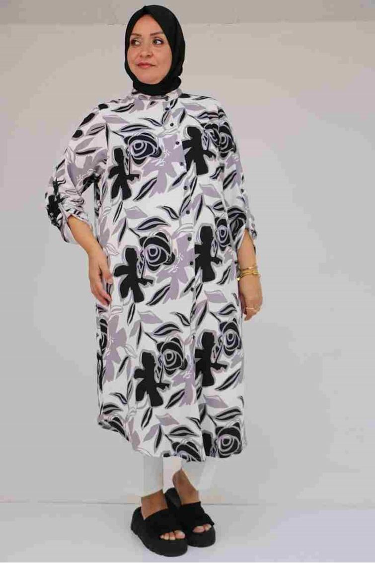 58097 Büyük Beden Desenli Bürümcük Düğmeli Gömlek - Gri-Siyah