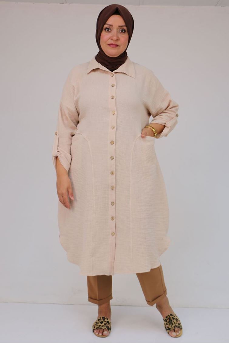 58071-1 Büyük Beden Önleri Torba Cepli Müslin Gömlek - Bej