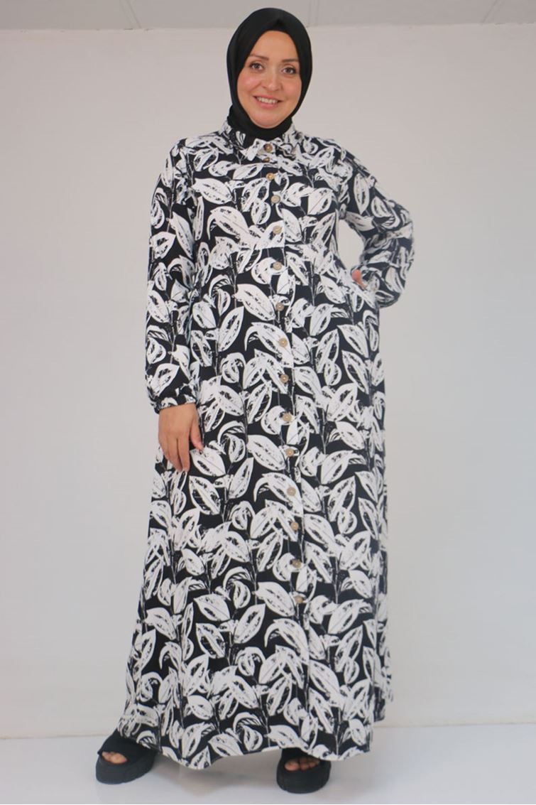 42014 Büyük Beden Desenli Viskon Erkek Yakalı Elbise - Yaprak Desen Siyah