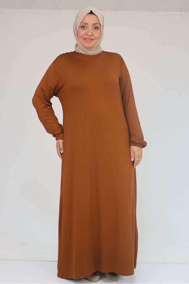 22008 Büyük Beden Kolu Lastikli Elbise - Taba