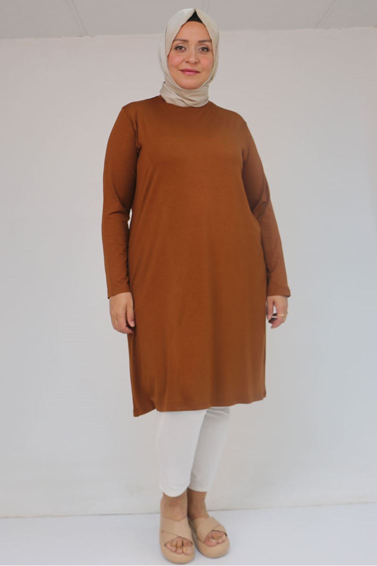 38501 Büyük Beden Basic Penye Tunik - Taba