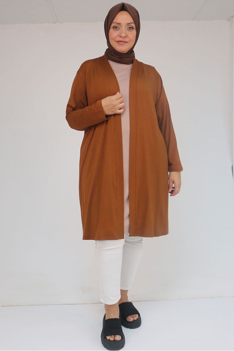 43008 Büyük Beden Penye Ceket - Taba