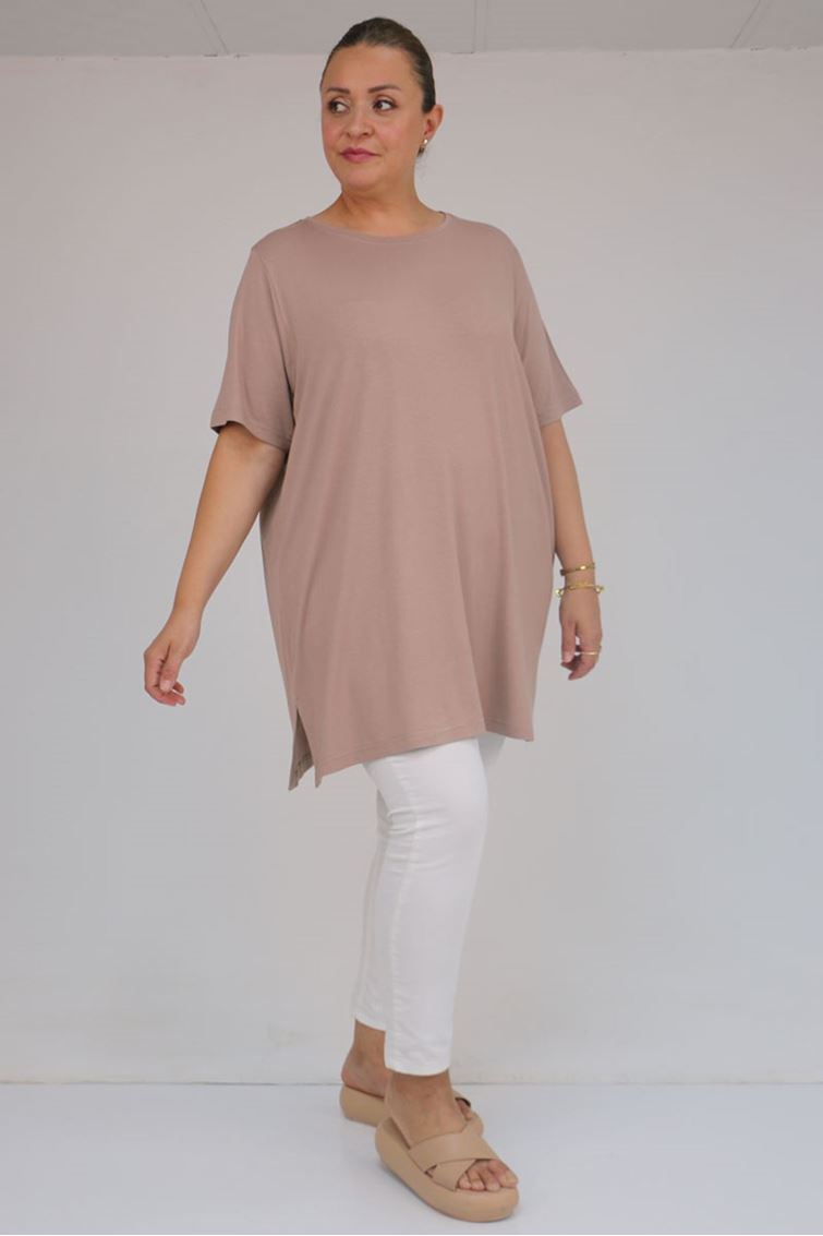58507 Büyük Beden Yakası Biyeli Penye Tişört - Bej