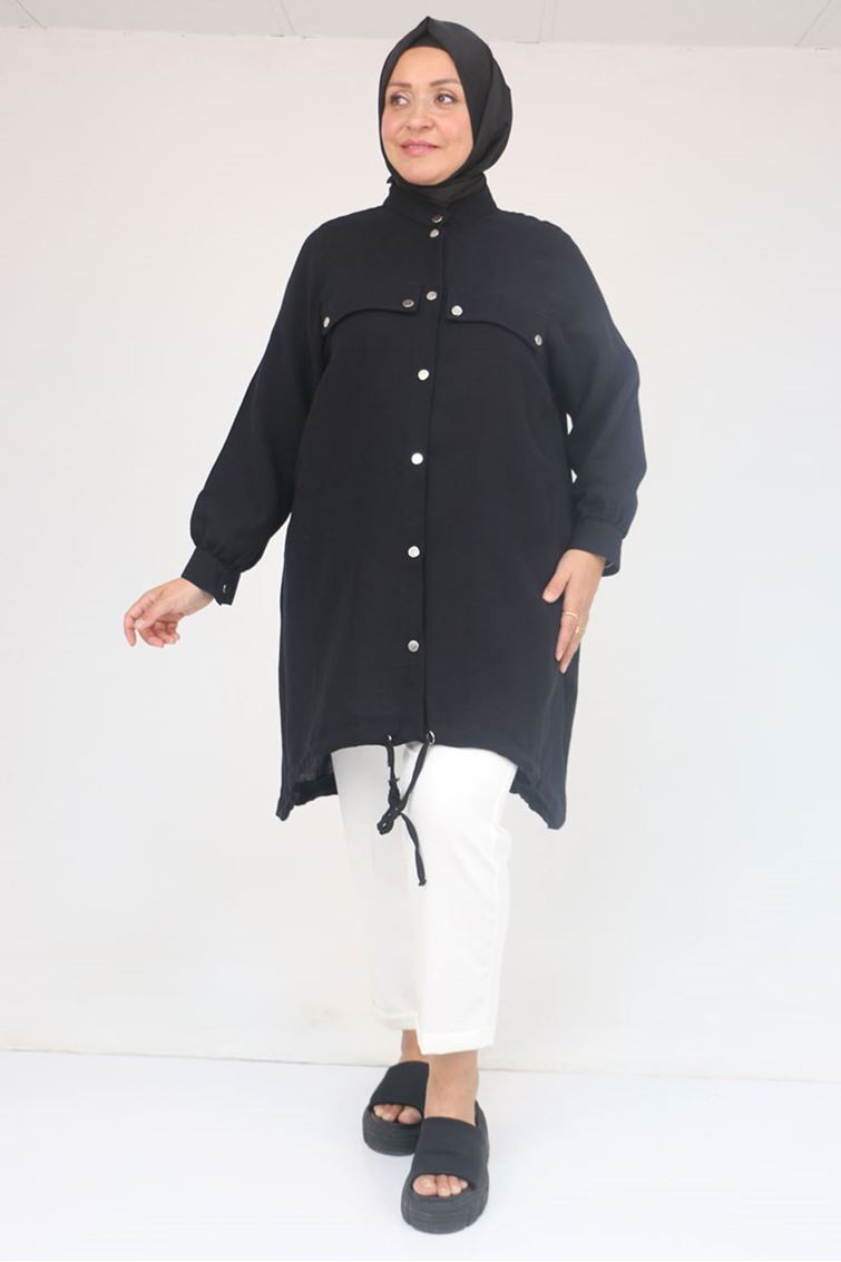 53013 Büyük Beden Dik Yakalı Manşetli Keten Kap - Siyah